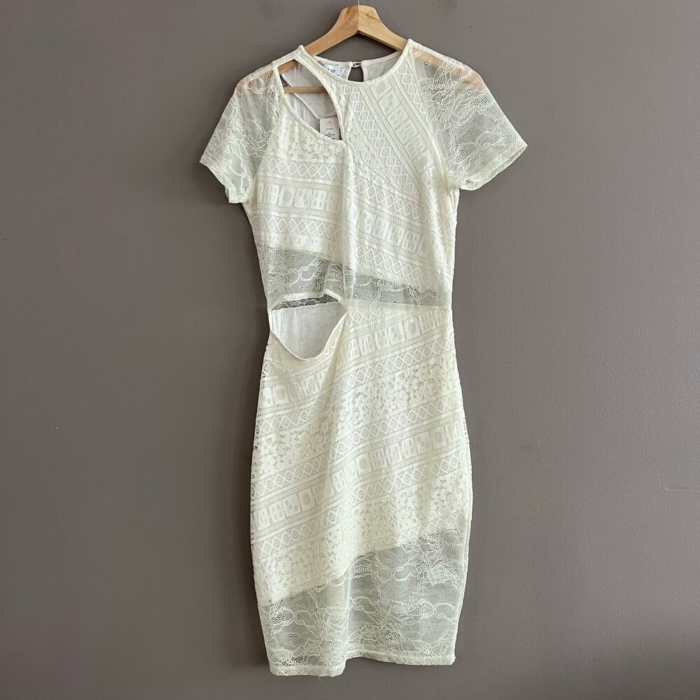 BEBE Women’s Ivory Allover Lace Cutout Bodycon Midi Dress Short Sleeve L NWT